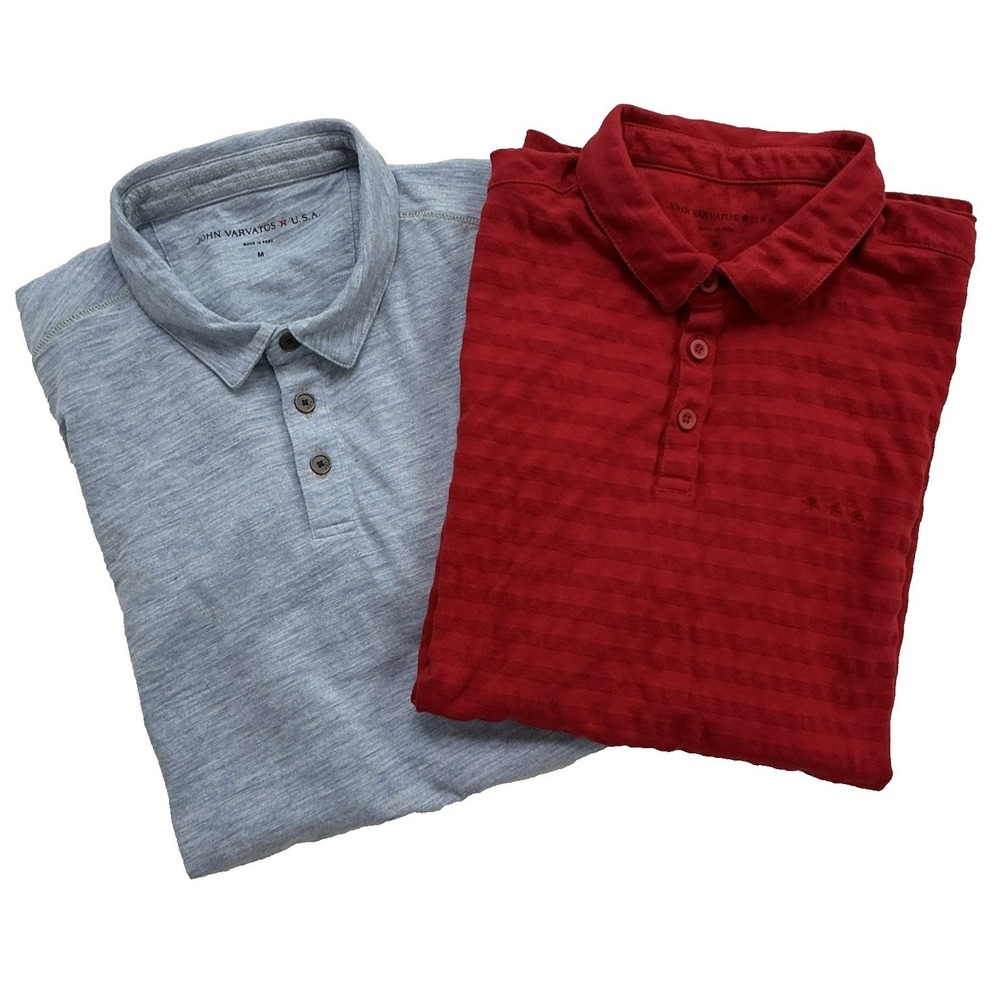 Lot of 2 John Varvatos Star USA Polo Shirts Mens Medium Blue Red Textured Stripe